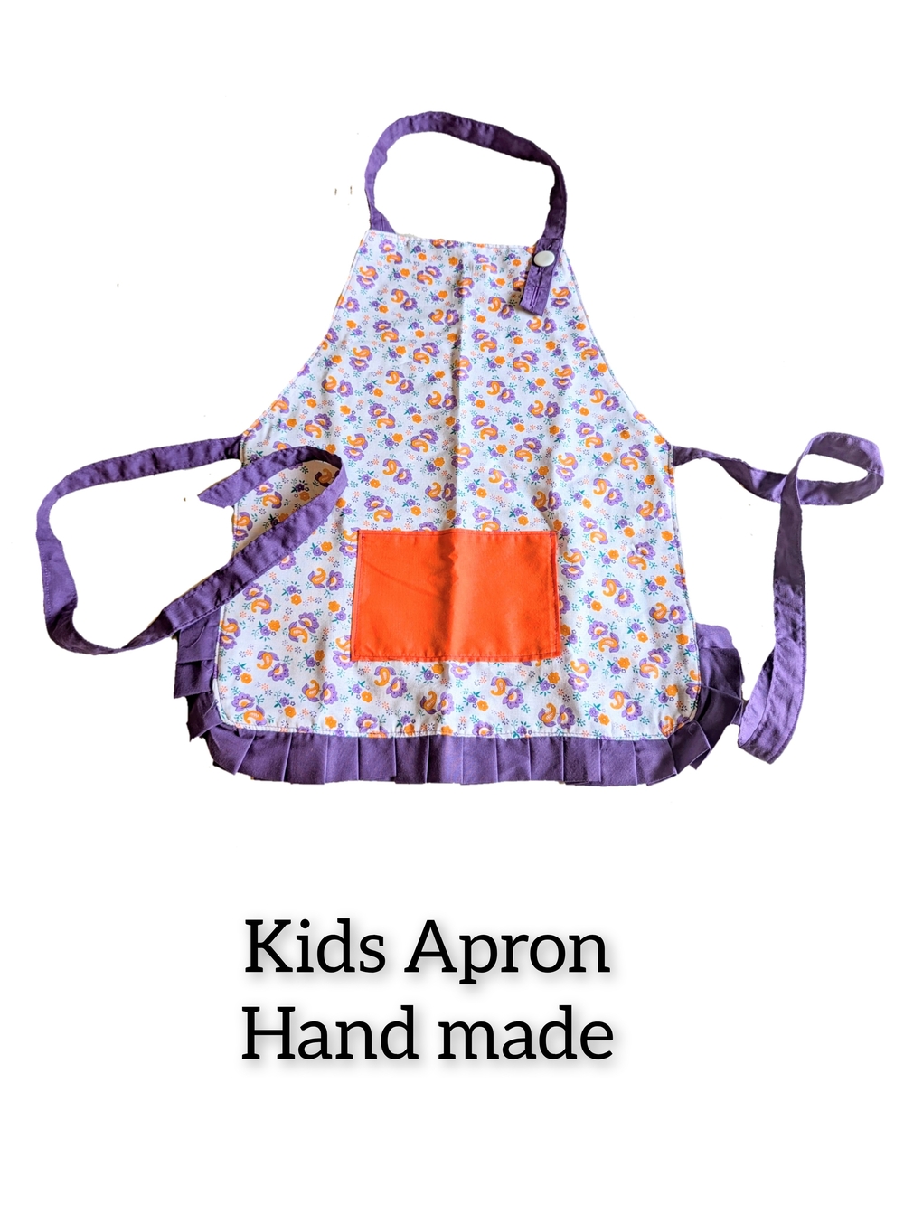 Purple Floral Kids Apron with Orange Pocket